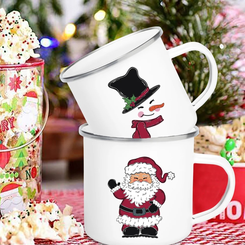 

Кофейные кружки с принтом Санта-Клауса, снеговика, эмалированная Кружка, чашка с горячим какао-шоколадом, детские чашки для завтрака, молока, овсяной муки, Ручные украшения, праздничные подарки