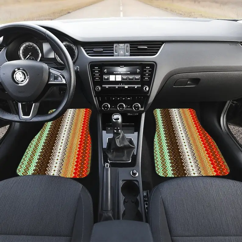 

Brown Beige Orange Stripes Ethnic Aztec Boho Chic Bohemian Pattern Car Floor Mats Set, Front and Back Floor Mats for Car, Car Ac