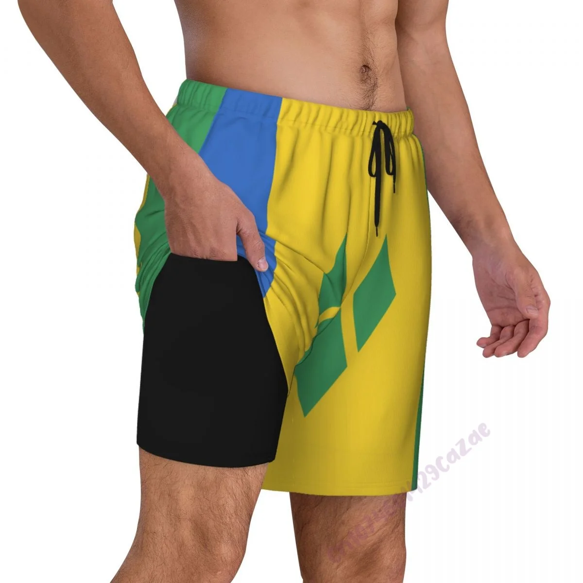 

Saint Vincent And The Grenadines Mens Swimming Trunks With Compression Liner 2 in 1 Quick-Dry Summer Swim Shorts With Pockets