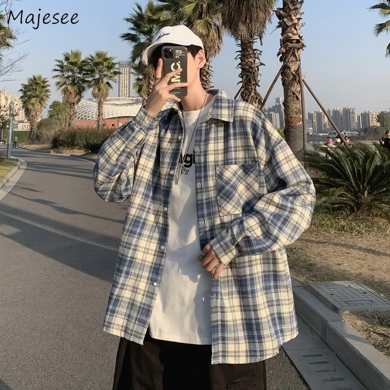 

Shirts Men Plaid Ulzzang Handsome Harajuku Long Sleeve Ins Casual Spring Daily Preppy Style Teens Streetwear Clothing Young New