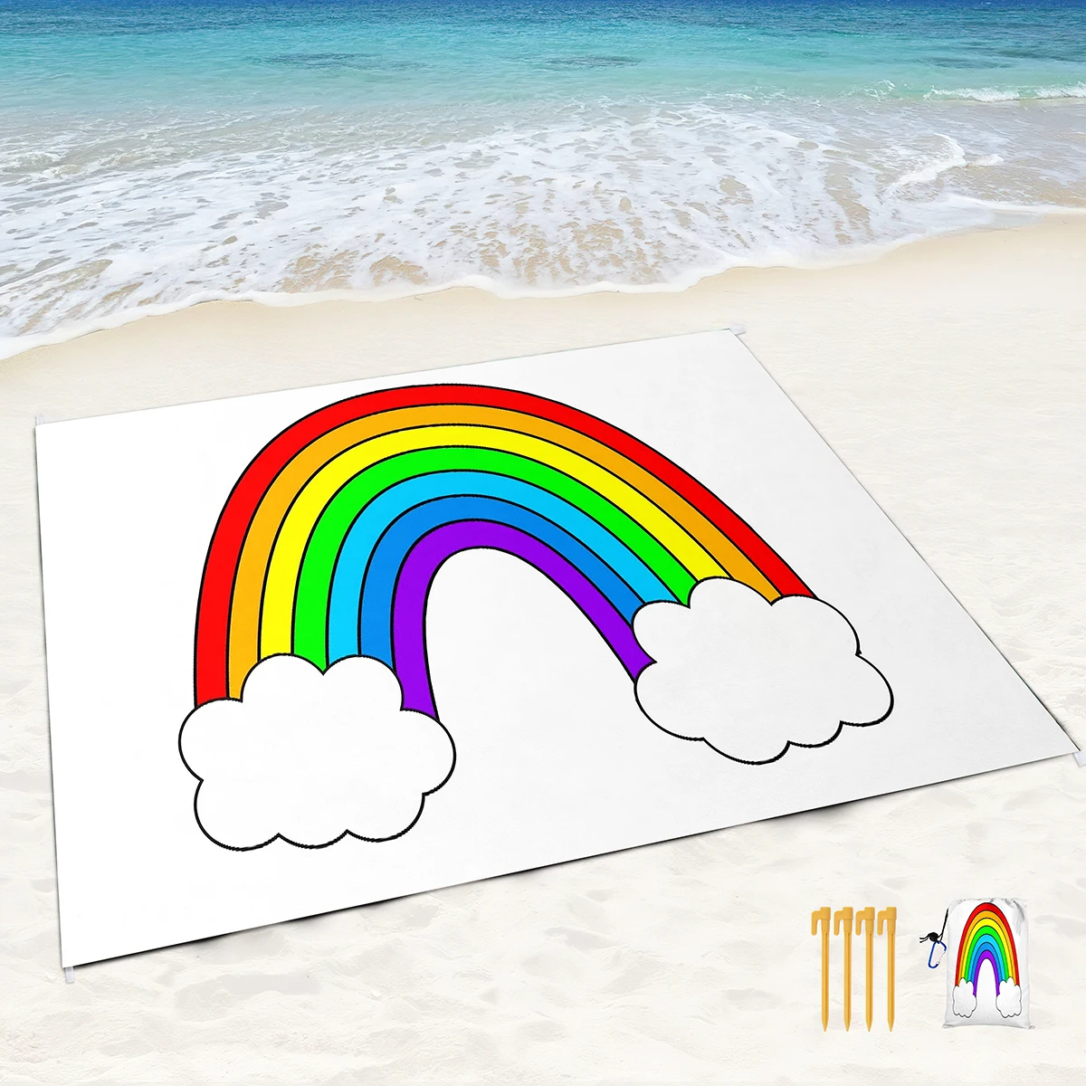 Beach Blanket Waterproof SandProof,Cartoon Rainbow Print Beach Mat with Corner Pockets,Portable Mesh Bag for Beach,Picnic,Travel
Beach Blanket Waterproof SandProof,Cartoon Rainbow Print Beach Mat with Corner Pockets,Portable Mesh Bag for Beach,Picnic,Travel