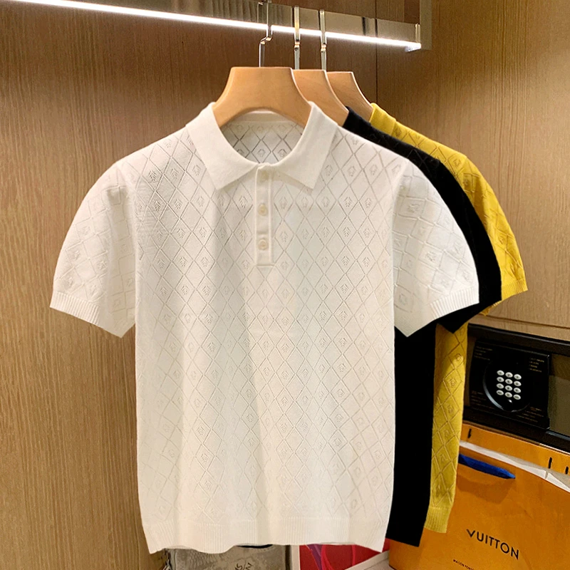 

Рубашка-поло D32 мужская с отворотом, винтажная вязаная Клетчатая блуза с коротким рукавом, Повседневный пуловер, облегающая ажурная шикарная кофта, лето