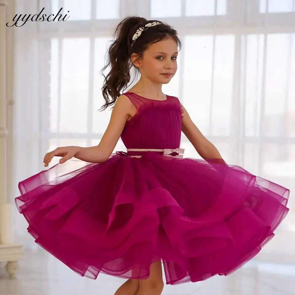 

Elegant Princess Fuchsia Puffy Flower Girl Dresses For Wedding 2023 Tulle Sleeveless Pageant Knee Length First Communion Gowns