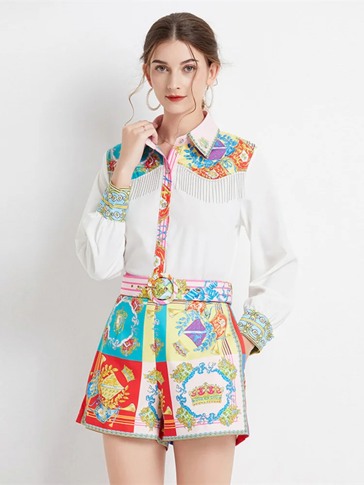 2023 Summer Fashion Runway Two Piece Sets Women Long Sleeve Shirt White Top + Belt Pocket Luxury Print Wide Legs Shorts Suits
2023 Summer Fashion Runway Two Piece Sets Women Long Sleeve Shirt White Top + Belt Pocket Luxury Print Wide Legs Shorts Suits