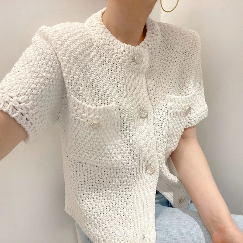 Women White French Hollow Out Knitting Sweater Round Neck Short Sleeve Casual Korean Fashion Button Cardigan Ladies Tops Summer
Women White French Hollow Out Knitting Sweater Round Neck Short Sleeve Casual Korean Fashion Button Cardigan Ladies Tops Summer