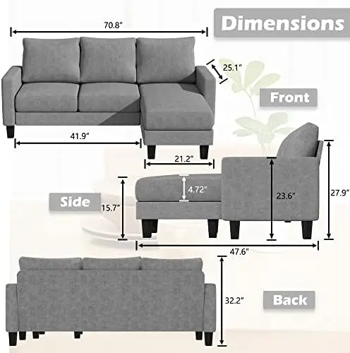 

Секционный диван-трансформер 3 L-образной формы, мягкое сиденье из современной льняной ткани, маленькие диваны для гостиной, квартиры и офиса