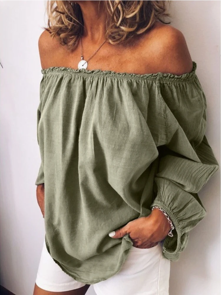 Spring Summer Off Shoulder Strapless Blouses Women Long Sleeve Tops Beach Casual Pleated Solid Linen Shirt Blouse Sexy Lady Top
Spring Summer Off Shoulder Strapless Blouses Women Long Sleeve Tops Beach Casual Pleated Solid Linen Shirt Blouse Sexy Lady Top