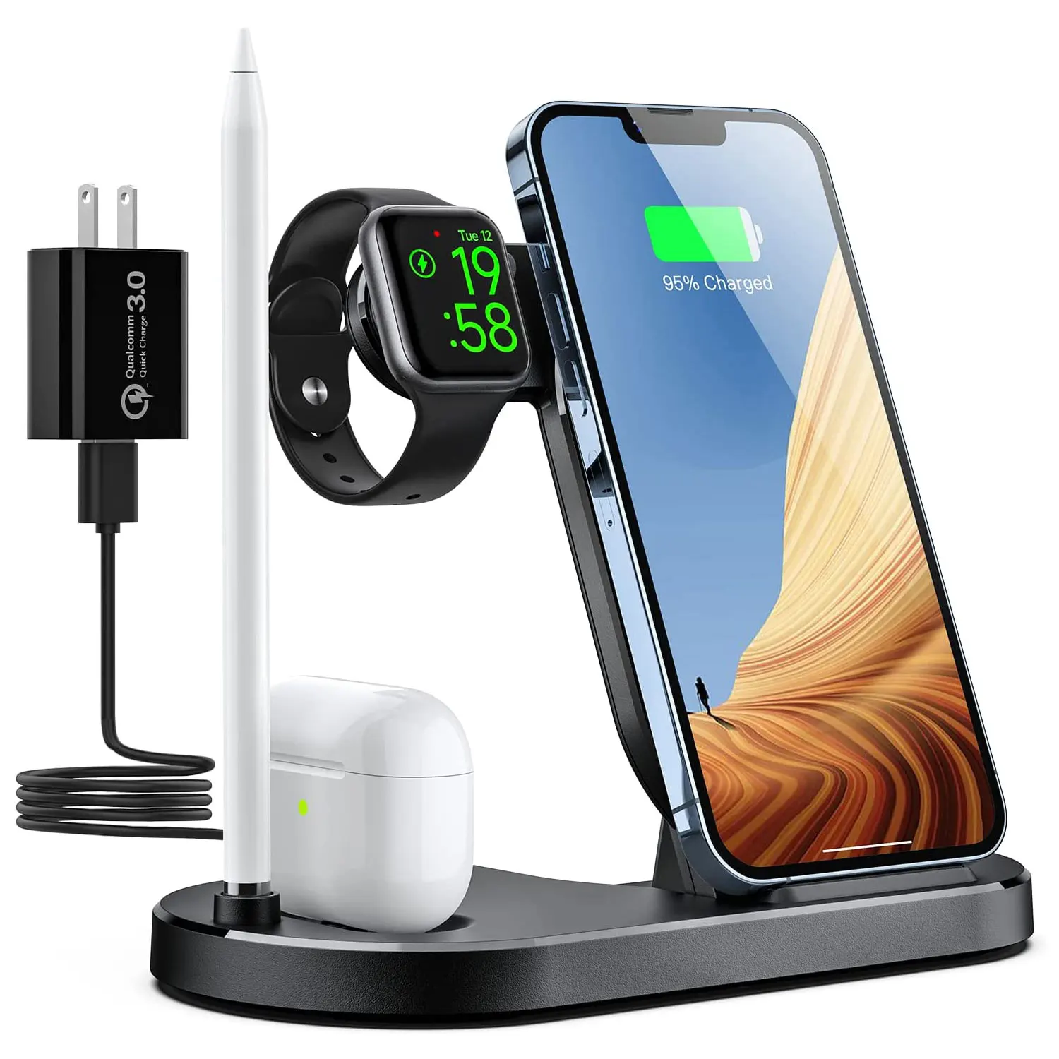 Foldable Charger, 4 in 1 Wireless Charging Stand for iPhone 13/12 Pro , Apple Watch, AirPods Pro Pencil with QC3.0 Adapter
Foldable Charger, 4 in 1 Wireless Charging Stand for iPhone 13/12 Pro , Apple Watch, AirPods Pro Pencil with QC3.0 Adapter
