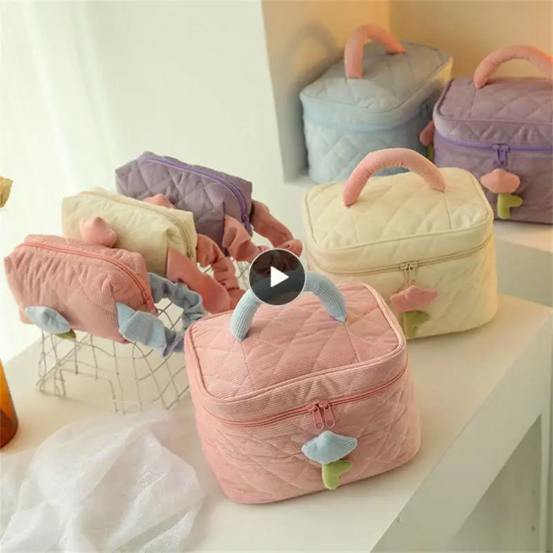 

Large Capacity Cute Makeup Bags Saving Space Portable Cream Lamp Corduroy Basket Tulips Color-blocking Design Makeup Bag Cute