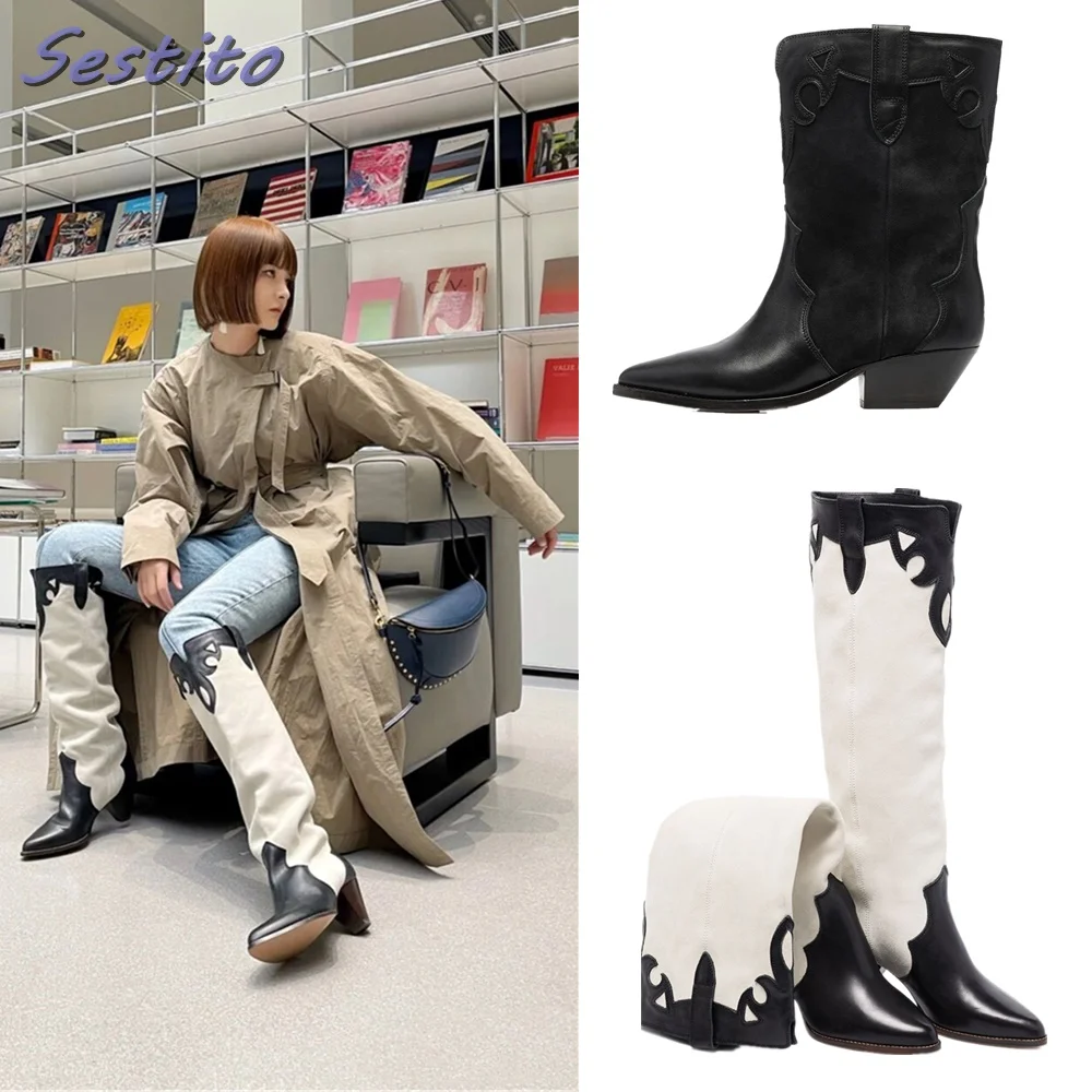 

Stitching Spike Heel Pointed Toe Knee High Boots Totem Slip On Black White Mixed Colors Leather Women Long Boots Fashion Newest