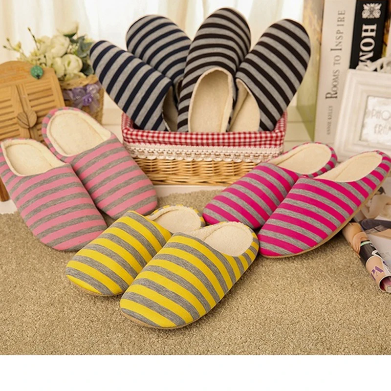 

Women Retail Drop Shipping Striped Indoor Slippers Unisex Women House Shoes Non-Slip Warm Cotton Slippers Floor Slippers