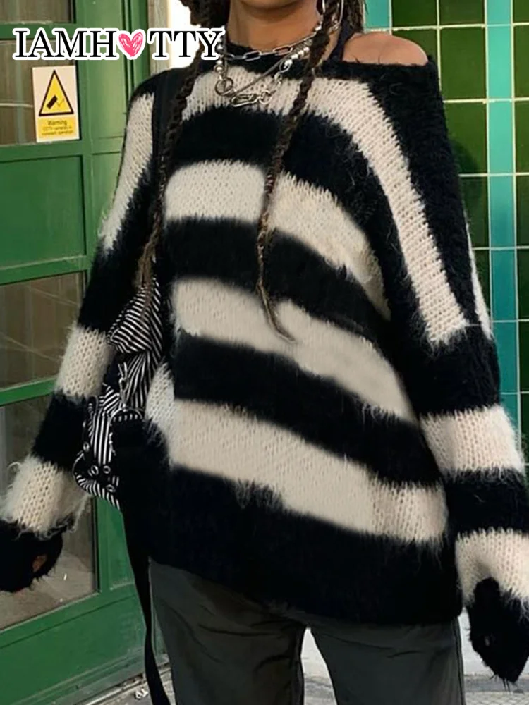 

IAMHOTTY винтажный Y2K контрастный полосатый свитер, женские свободные трикотажные пуловеры оверсайз с круглым вырезом, уличный модный джемпер ...