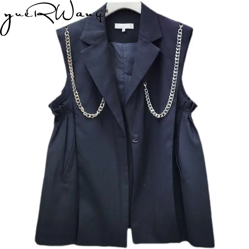 YUERWANG Women Vest Notched Collar Single Button Ladies Blazer Waistcoat Sleeveless Black Loose Casual Female Coat Fashion 2022 
YUERWANG Women Vest Notched Collar Single Button Ladies Blazer Waistcoat Sleeveless Black Loose Casual Female Coat Fashion 2022