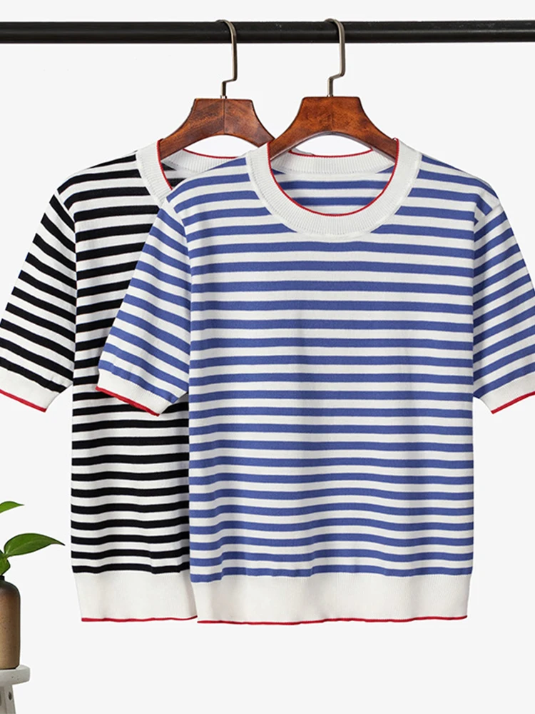 Women Knitted O-Neck Striped Print Short Sleeve Stripe Basic Summer Casual Female T-Shirt 2022 New Fashion Pullover Top 
Women Knitted O-Neck Striped Print Short Sleeve Stripe Basic Summer Casual Female T-Shirt 2022 New Fashion Pullover Top
