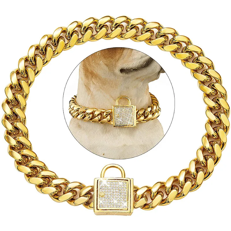 Gold Dog Collar Choker with Zirconia Lock Stainless Steel Pet Collar Luxury Metal Cuban Link Chain for Small Big Dog Accessories
Gold Dog Collar Choker with Zirconia Lock Stainless Steel Pet Collar Luxury Metal Cuban Link Chain for Small Big Dog Accessories