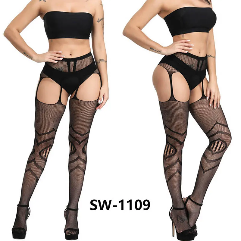 

Lady Sexy Fashion Elastic Fishnet Conjoined Garter Black Stockings Pantyhoses Lace Mesh Jacquard Women Bottoming Body Long Socks