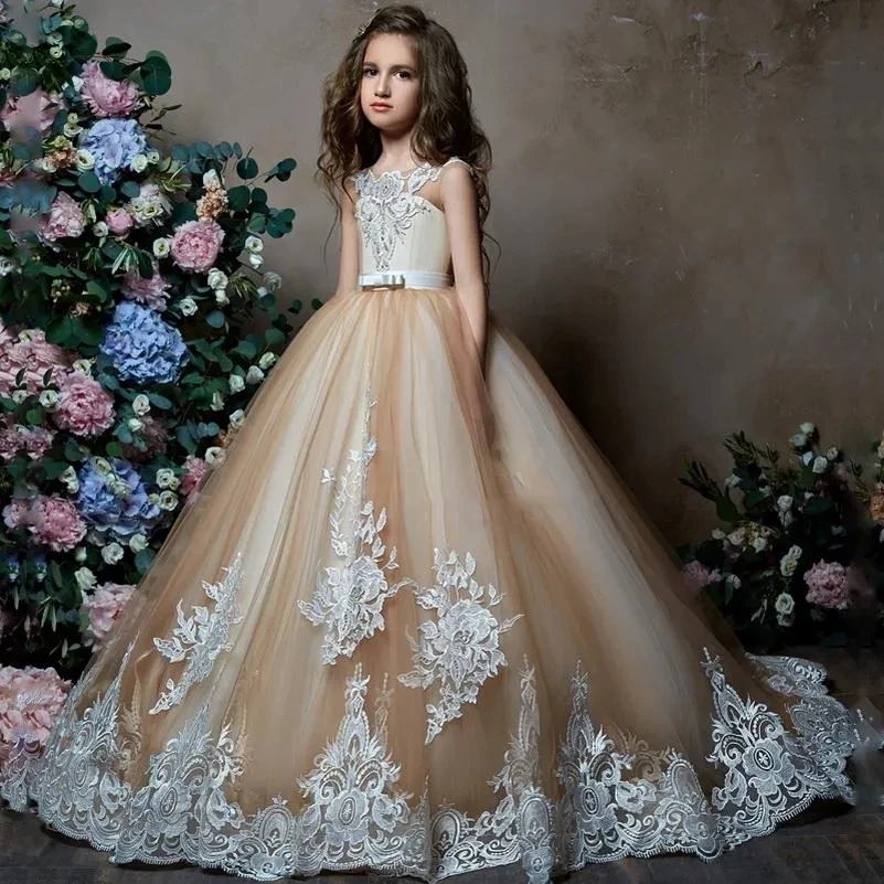 

Cute Flower Girl Dresses For Weddings Ball Gown Champagne Tulle Ivory Lace Beaded Long First Communion Dresses Little Girl