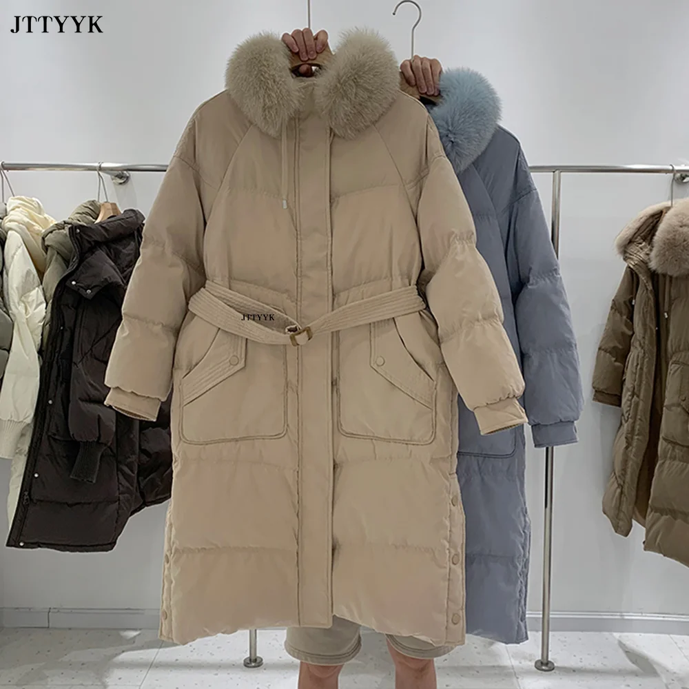 

Winter Jacket Women Stand Collar Natural Fox Fur Collar Parka 90% White Duck Down Coat Thick Warm Long Outwear Female With Belt