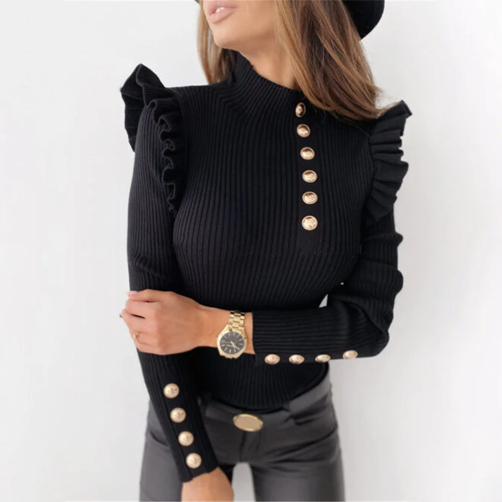 

Women Frill Fine Ribbed Pullover Mock neck Ruffles Long sleeve Party Tops Button Fashion Base Tops White Autumn Daily Wear