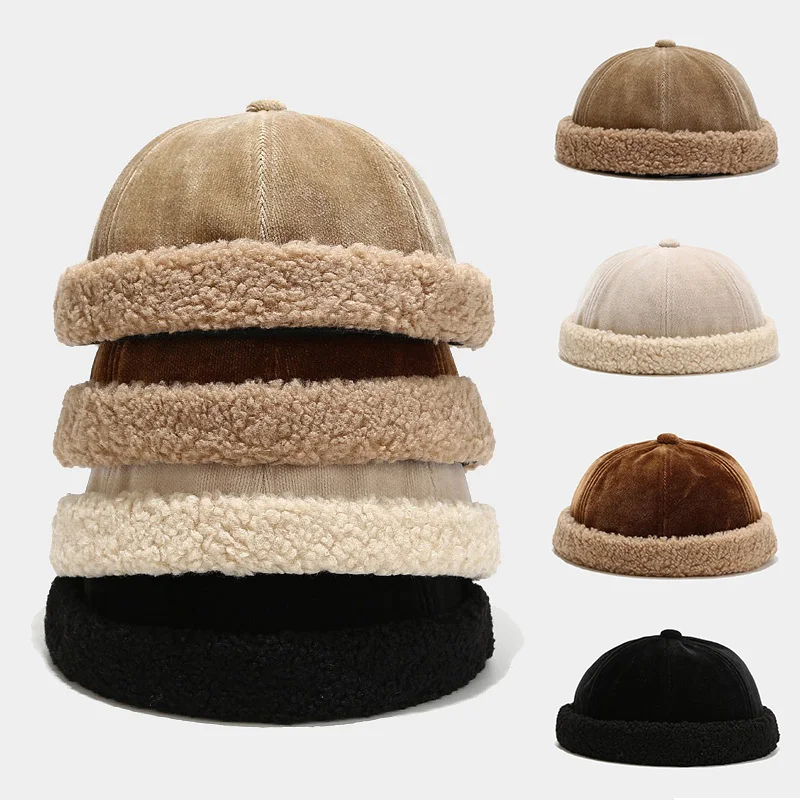 

Men's Brimless Docker Hat Winter Casual Solid Velvet Beanie Cap Rolled Cuff Harbour Hats Sailor Fisherman Landlord Hat