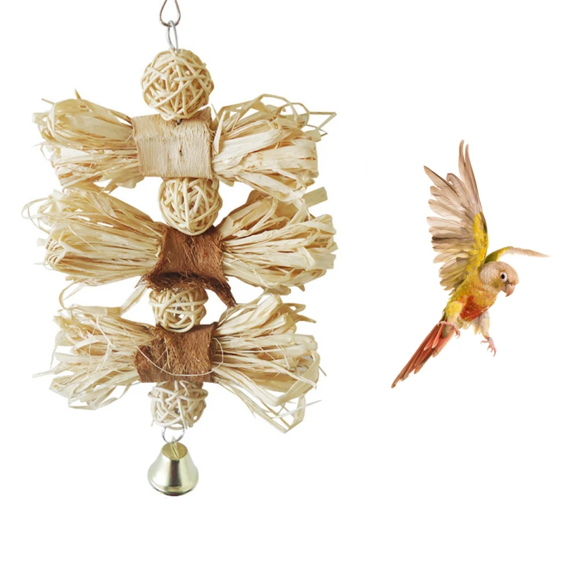 

Bird Parrot Toys Wooden Raffia Grass Birds Chew Bite Hanging Cage Swing Climb Chew Toys With Bell Natural Loofah Vine Parrot Toy