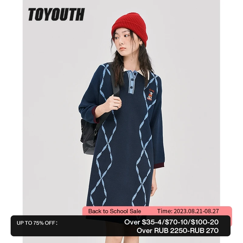

Toyouth Women Knit Dress 2022 Winter Long Sleeve Polo Neck with Button Loose Argyle Check Print Vintage Casual Chic Midi Skirt