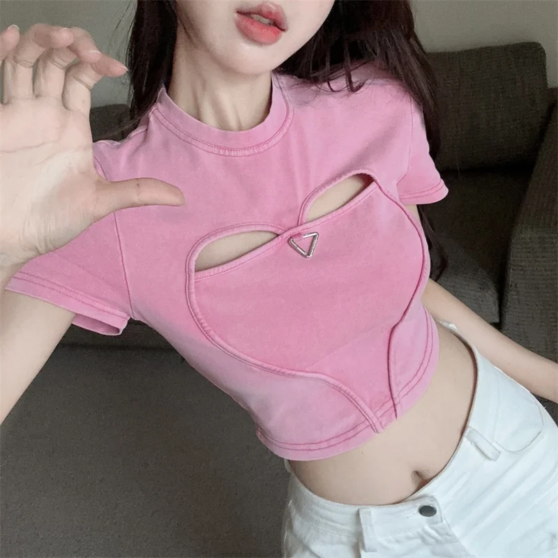 Korean Fashion Girls Hollowed Chest T-shirt Short Sleeves Round Neck Cotton Spandex Crop Top 
Korean Fashion Girls Hollowed Chest T-shirt Short Sleeves Round Neck Cotton Spandex Crop Top