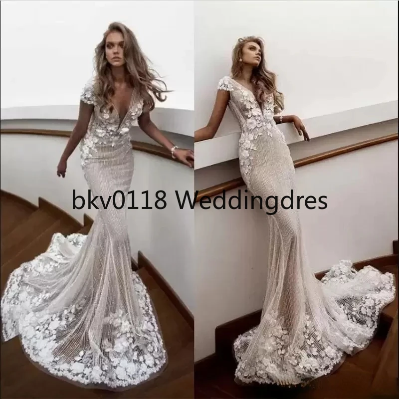 Designer Mermaid Wedding Dresses Deep V Neck Sweep Train 3D Floral Applique Beading Cap Sleeve Beach Bridal Dress Boho
Designer Mermaid Wedding Dresses Deep V Neck Sweep Train 3D Floral Applique Beading Cap Sleeve Beach Bridal Dress Boho