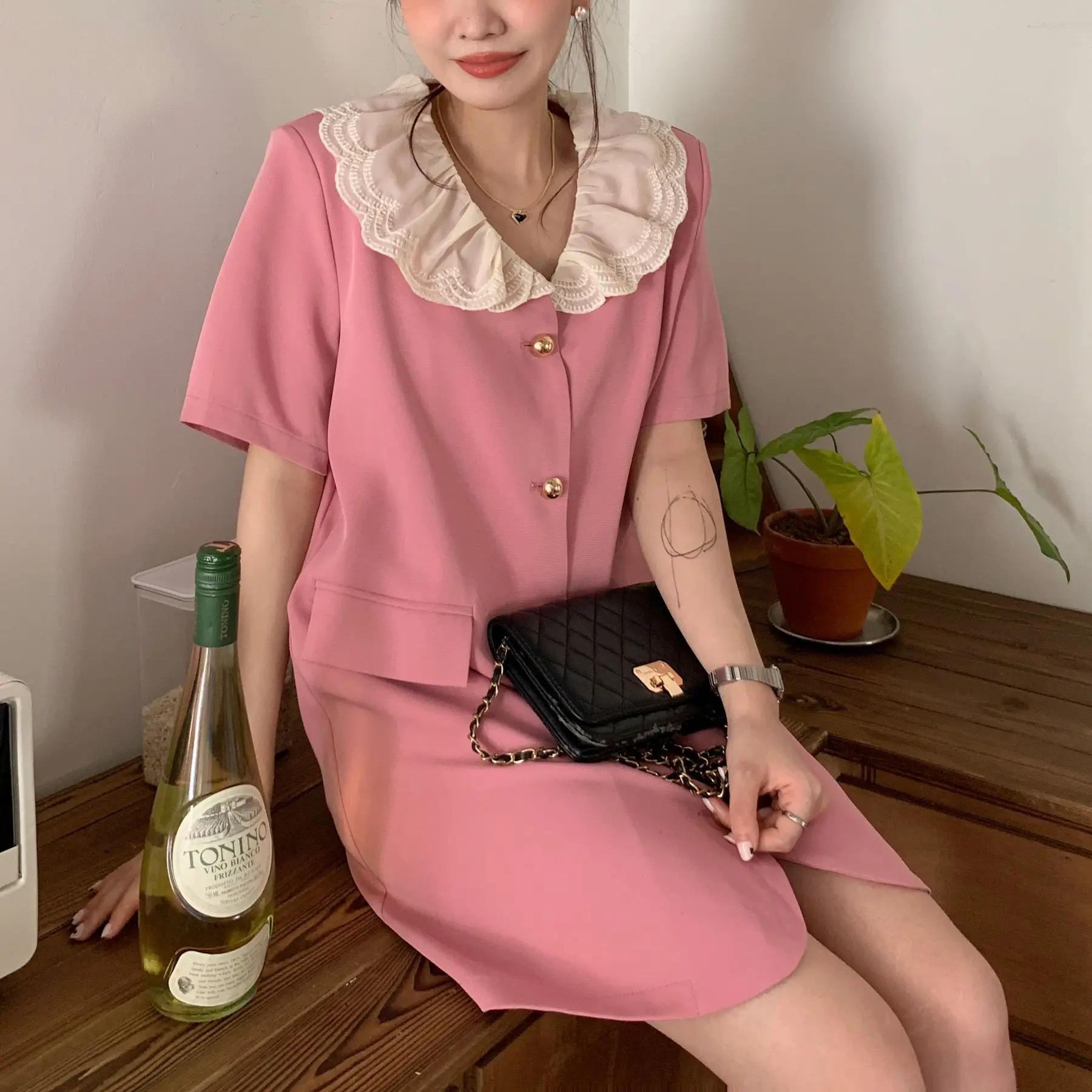 COIGARSAM Elegant Dresses Women Lace Single Breasted Pink Black Dress Dropshipping
COIGARSAM Elegant Dresses Women Lace Single Breasted Pink Black Dress Dropshipping