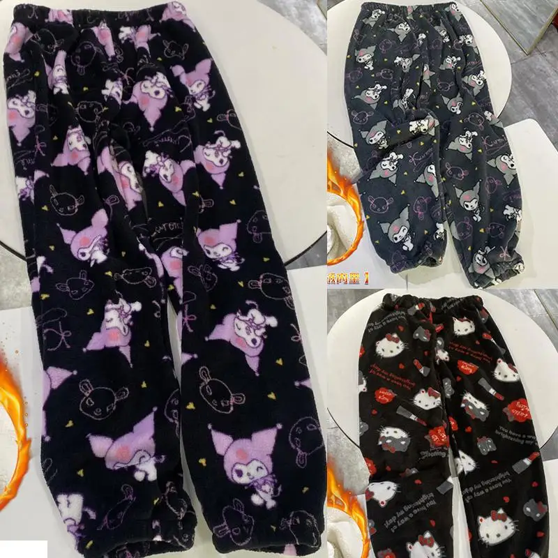 

Фланелевые пижамные штаны Hello Kitty Kuromi, домашние штаны с аниме-рисунком Sanrio, повседневные длинные бархатные утепленные теплые брюки для студентов