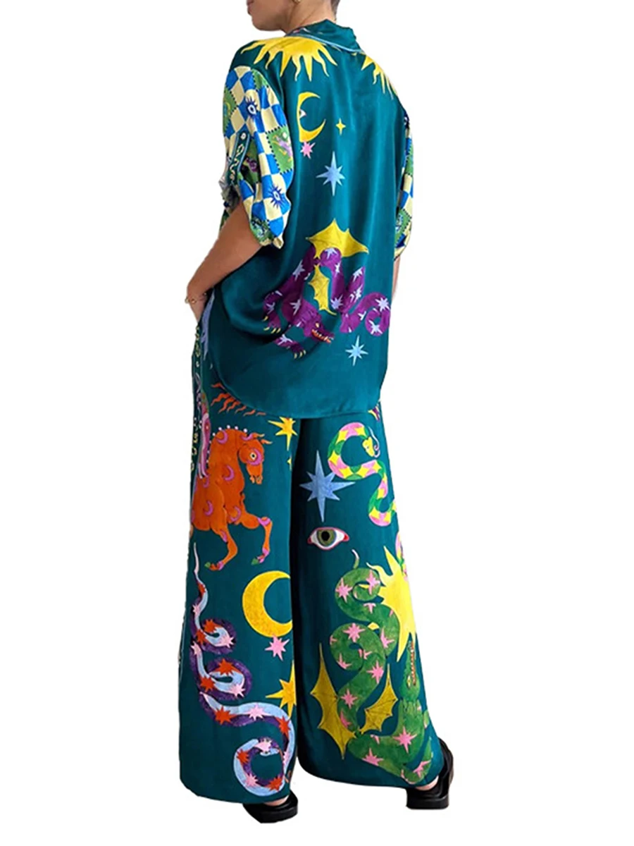 

Tropical Vibes Women s Linen Pants Set with Long Sleeve Tunic and Wide Leg Drawstring Pants - Button Down Hawaiian Outfits