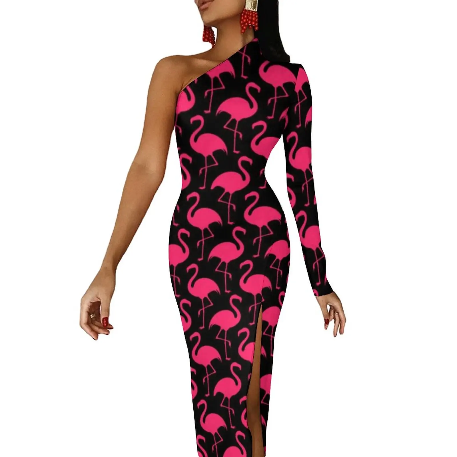 

Женское платье макси на одно плечо, розовое облегающее платье с принтом животных и фламинго, длинное платье в уличном стиле, одежда для весны