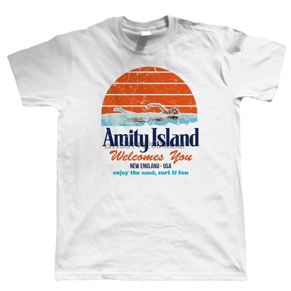 

Amity Island Mens Funny T Shirt Shark Jaws Quints Retro Movie Gift For Him Dad