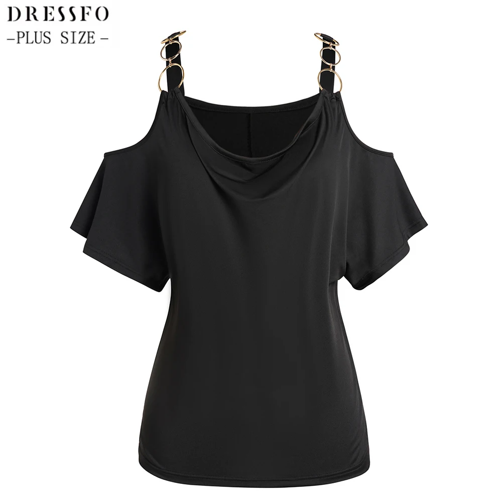 

Dressfo Women Plus Size T Shirt Plain Color O Ring Draped Cold Shoulder Casual Tee Cold Shoulder Summer Casual T Shirt