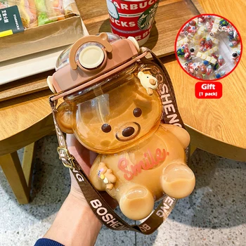 1400ml Little Bear Water Bottle Girls Summer Large Capacity Lovely Straw Kettle Strap Portable Plastic Cup Creative Gift Cup