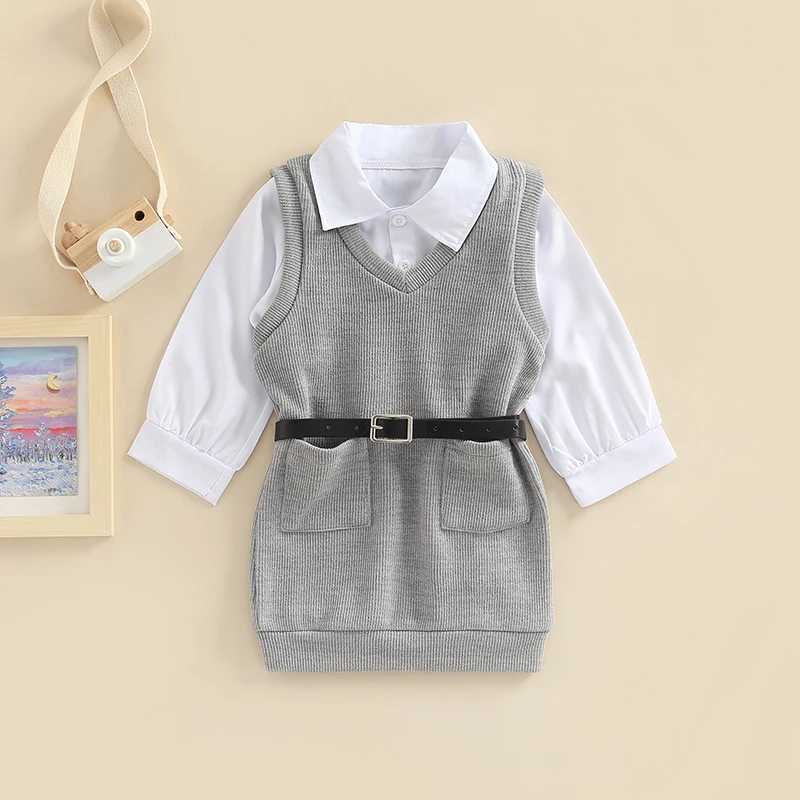 Toddler Girls Autumn Outfit Sets White Long Sleeve Button Shirt + Gray Sleeveless Knitted Dress with Belt
Toddler Girls Autumn Outfit Sets White Long Sleeve Button Shirt + Gray Sleeveless Knitted Dress with Belt