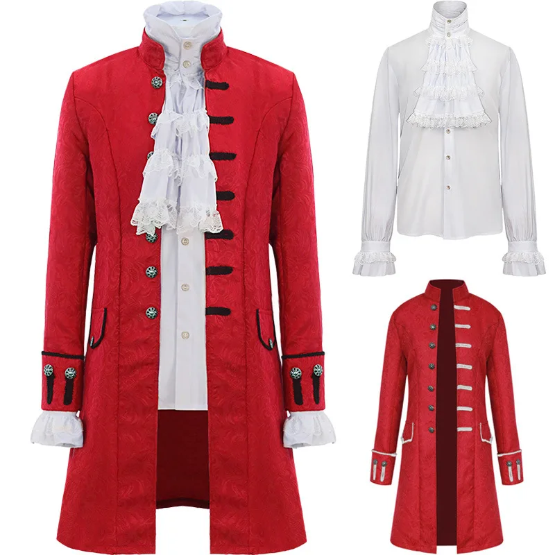 

Men Medieval Costume Steampunk Trench Coat and Shirt Set Vintage Prince Overcoat Renaissance Victorian Jacket Edwardian Cosplay