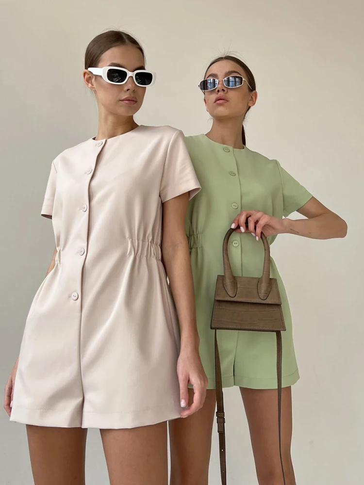 Alinemyer Solid Short Sleeves Slim Rompers Womens Round Neck Elastic Waist Jumpsuit Shorts Summer Office Ladies Button Rompers 
Alinemyer Solid Short Sleeves Slim Rompers Womens Round Neck Elastic Waist Jumpsuit Shorts Summer Office Ladies Button Rompers