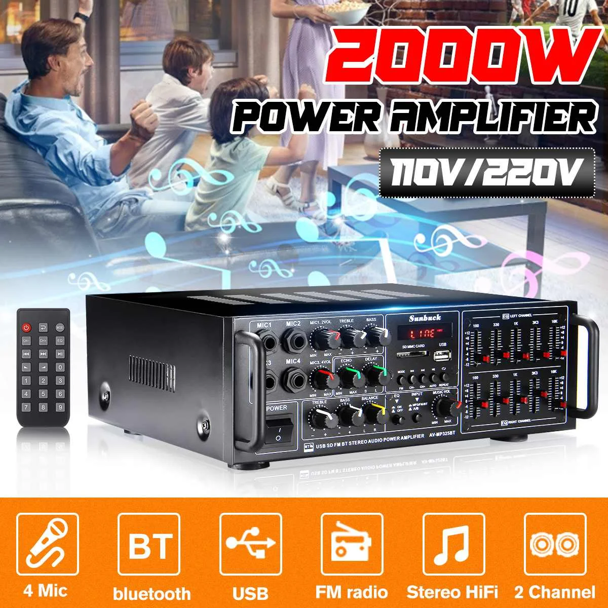 Sunbuck Bluetooth Amplifier 2 Channel 2000W 110V/220V Karaoke Home Theater Amplifier Music Center Support SD FM Radio Amplifier
Sunbuck Bluetooth Amplifier 2 Channel 2000W 110V/220V Karaoke Home Theater Amplifier Music Center Support SD FM Radio Amplifier