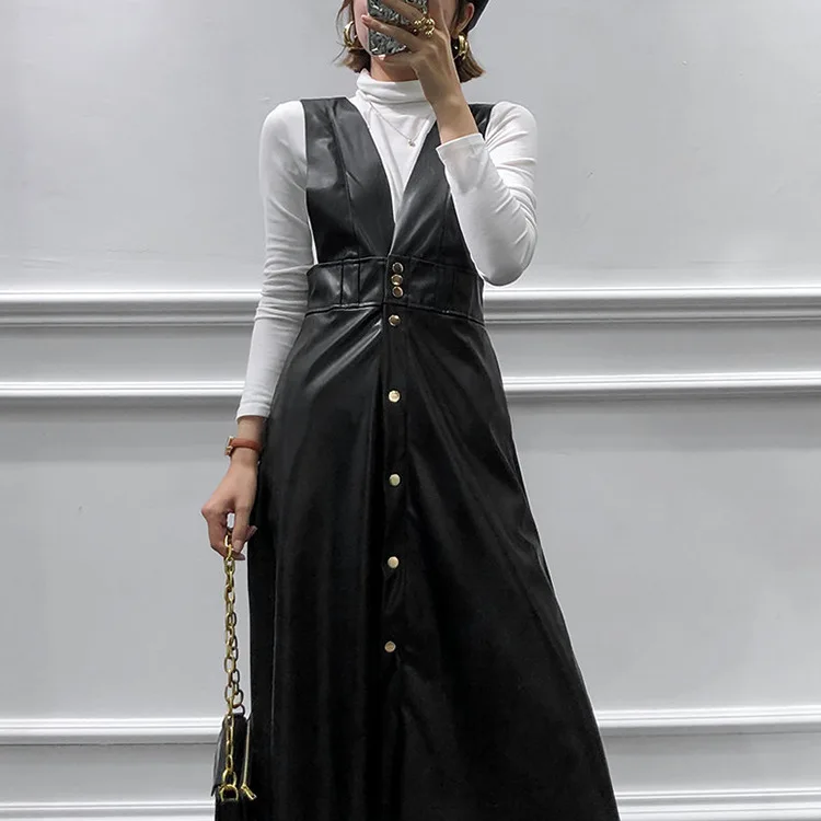 2023 Black PU Leather V-neck Summer Dress Sleeveless Strapless Autumn and Winter Artificial Leather Dress Fashion Temperament
2023 Black PU Leather V-neck Summer Dress Sleeveless Strapless Autumn and Winter Artificial Leather Dress Fashion Temperament