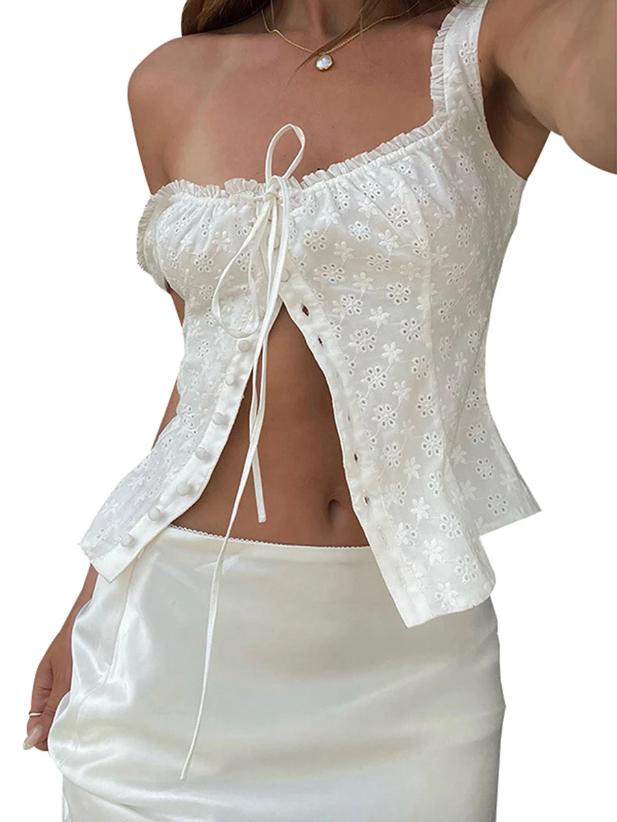 

Womens Button Tank Tops Ruffle Trim Eyelet Cutout Crop Tops Summer Sleeveless Basic Vest Aesthetic Clothes for Streetwear