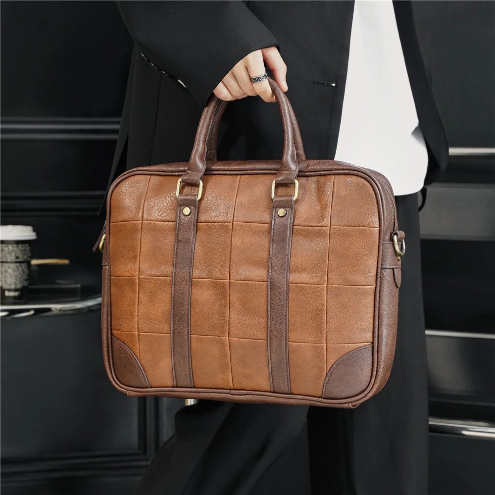 

Checkered PU Leather Business Men's Briefcase Handbag Luxury Fashion Design Briefcases Men High Capacity Computer Bag For Men