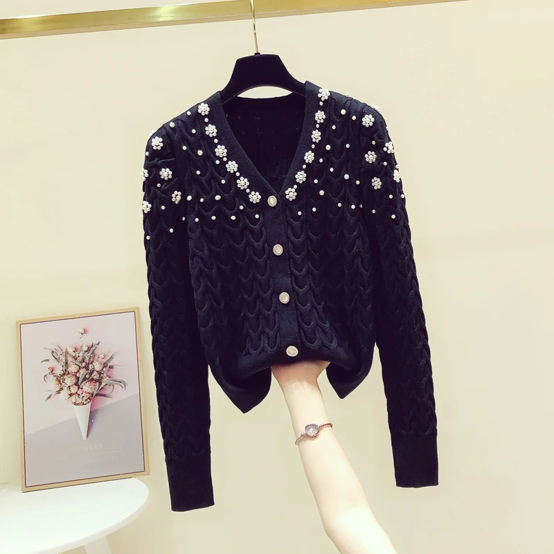 2023 Spring New Women Black Beading Sweater Cardigan Design V Neck Knitwear Tops Female Knitted Coat
2023 Spring New Women Black Beading Sweater Cardigan Design V Neck Knitwear Tops Female Knitted Coat