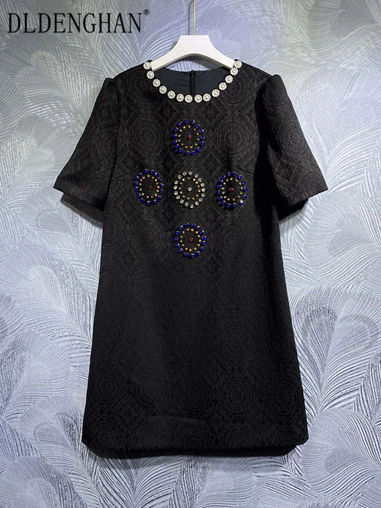 

DLDENGHAN весенне-летнее женское платье с круглым вырезом и коротким рукавом великолепные геометрические винтажные платья с кристаллами и стразами