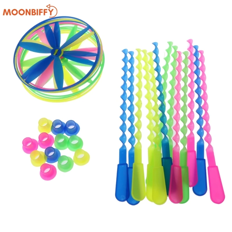 

10Pcs Twisty Flying Saucers Assorted Colors Helicopters Outdoor Bamboo Dragonfly Plastic Handle UFO Toy Fairy Flying Saucer