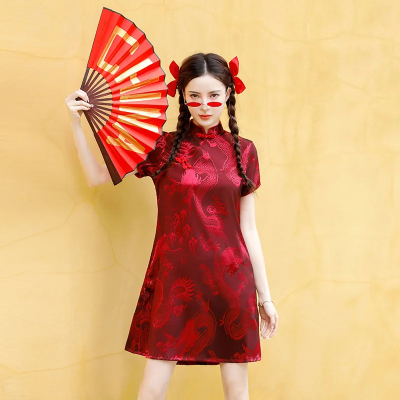 

FZSLCYIYI Chinese Dragon Retro Burgundy Cheongsam Traditional A-Line Qipao Dress Women Clothing