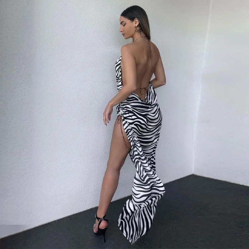

Zebra-Stripe Halter Asymmetrical Maxi Dress Chic Sexy Women's Party Club Backless Satin Sundress Draped High Split Dress
