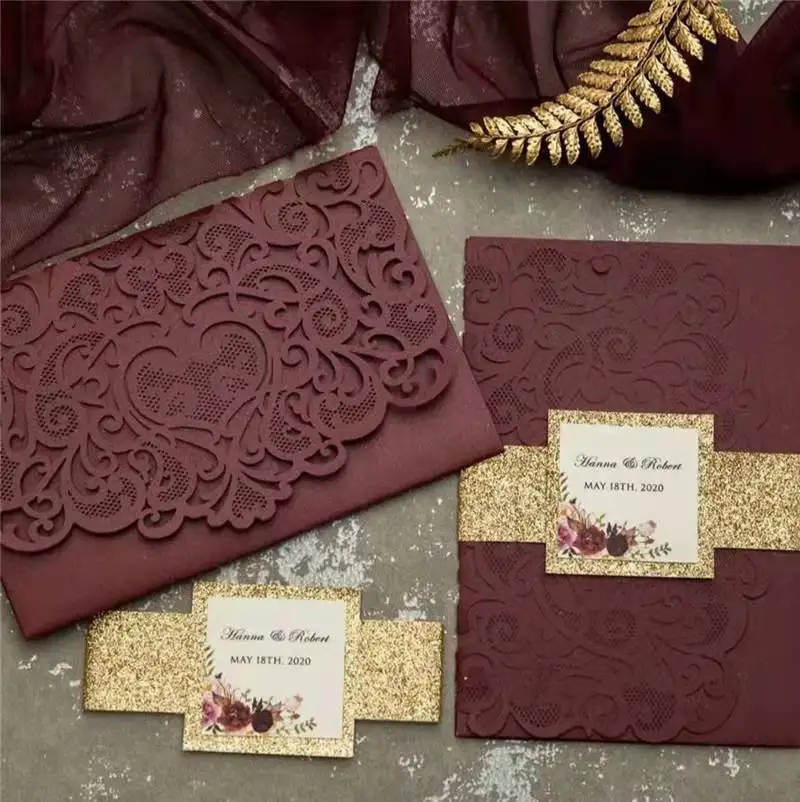 Personalized Burgundy Laser Cut Wedding Invitation Cards with RSVP Glitter Gold Belly Band and Envelopes
Personalized Burgundy Laser Cut Wedding Invitation Cards with RSVP Glitter Gold Belly Band and Envelopes
