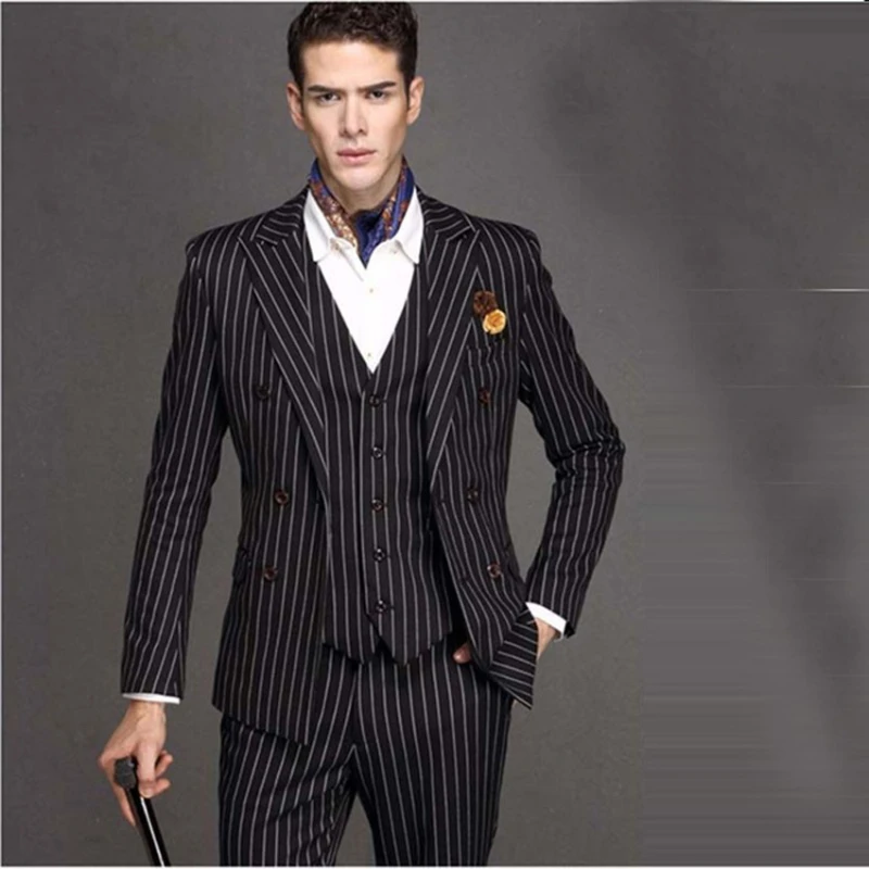 

Latest Black Pinstripe Men's Suits 2022 Slim Fit Peaked Lapel Blazer Formal Business Suit for Men 3 Pieces Set Terno Masculino
