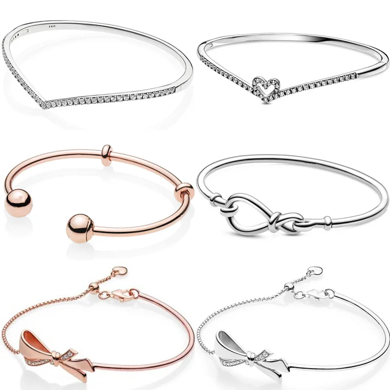 

Original Heart Wishbone Shimmering Wish Infinity Knot Bangle Bracelet Fit Fashion 925 Sterling Silver Bead Charm DIY Jewelry